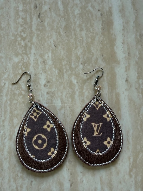 Accessories - Designer-Style Brown Teardrop Earrings with Monogram Accent